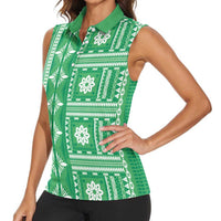 Fiji Masi All Green Women Sleeveless Polo Shirt Tapa Pattern - Polynesian Pride