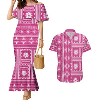 Fiji Masi All Pink Couples Matching Mermaid Dress and Hawaiian Shirt Tapa Pattern - Polynesian Pride