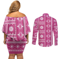 Fiji Masi All Pink Couples Matching Off Shoulder Short Dress and Long Sleeve Button Shirt Tapa Pattern - Polynesian Pride