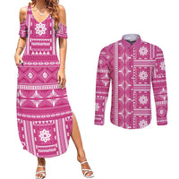 Fiji Masi All Pink Couples Matching Summer Maxi Dress and Long Sleeve Button Shirt Tapa Pattern - Polynesian Pride