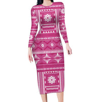 Fiji Masi All Pink Family Matching Long Sleeve Bodycon Dress and Hawaiian Shirt Tapa Pattern - Polynesian Pride