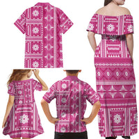 Fiji Masi All Pink Family Matching Off Shoulder Maxi Dress and Hawaiian Shirt Tapa Pattern - Polynesian Pride