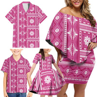 Fiji Masi All Pink Family Matching Off Shoulder Short Dress and Hawaiian Shirt Tapa Pattern - Polynesian Pride