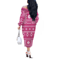 Fiji Masi All Pink Off The Shoulder Long Sleeve Dress Tapa Pattern - Polynesian Pride