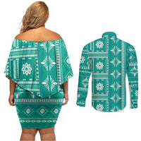 Fiji Masi All Teal Couples Matching Off Shoulder Short Dress and Long Sleeve Button Shirt Tapa Pattern - Polynesian Pride