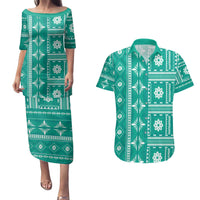 Fiji Masi All Teal Couples Matching Puletasi and Hawaiian Shirt Tapa Pattern - Polynesian Pride