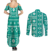 Fiji Masi All Teal Couples Matching Summer Maxi Dress and Long Sleeve Button Shirt Tapa Pattern - Polynesian Pride