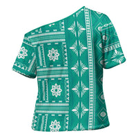 Fiji Masi All Teal Cross Shoulder Shirt Tapa Pattern - Polynesian Pride
