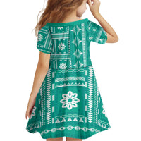 Fiji Masi All Teal Family Matching Off The Shoulder Long Sleeve Dress and Hawaiian Shirt Tapa Pattern - Polynesian Pride