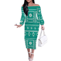 Fiji Masi All Teal Family Matching Off The Shoulder Long Sleeve Dress and Hawaiian Shirt Tapa Pattern - Polynesian Pride