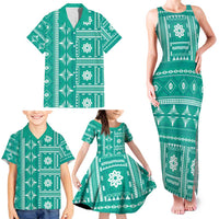 Fiji Masi All Teal Family Matching Tank Maxi Dress and Hawaiian Shirt Tapa Pattern - Polynesian Pride
