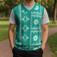 Fiji Masi All Teal Christmas Knitted V-Neck Vest Tapa Pattern - Polynesian Pride