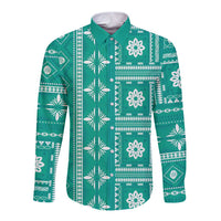 Fiji Masi All Teal Long Sleeve Button Shirt Tapa Pattern - Polynesian Pride