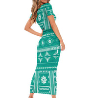 Fiji Masi All Teal Short Sleeve Bodycon Dress Tapa Pattern - Polynesian Pride