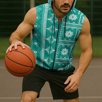 Fiji Masi All Teal Sleeveless Zip Hoodie Tapa Pattern LT01 - Polynesian Pride