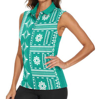 Fiji Masi All Teal Women Sleeveless Polo Shirt Tapa Pattern - Polynesian Pride