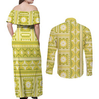 Fiji Masi All Yellow Couples Matching Off Shoulder Maxi Dress and Long Sleeve Button Shirt Tapa Pattern - Polynesian Pride