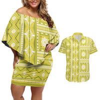 Fiji Masi All Yellow Couples Matching Off Shoulder Short Dress and Hawaiian Shirt Tapa Pattern - Polynesian Pride