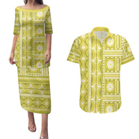 Fiji Masi All Yellow Couples Matching Puletasi and Hawaiian Shirt Tapa Pattern - Polynesian Pride