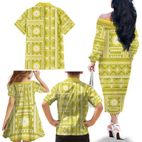 Fiji Masi All Yellow Family Matching Off The Shoulder Long Sleeve Dress and Hawaiian Shirt Tapa Pattern - Polynesian Pride