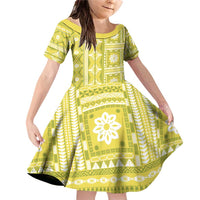 Fiji Masi All Yellow Family Matching Off Shoulder Short Dress and Hawaiian Shirt Tapa Pattern - Polynesian Pride