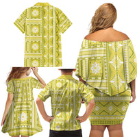 Fiji Masi All Yellow Family Matching Off Shoulder Short Dress and Hawaiian Shirt Tapa Pattern - Polynesian Pride