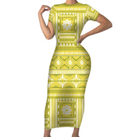 Fiji Masi All Yellow Family Matching Short Sleeve Bodycon Dress and Hawaiian Shirt Tapa Pattern - Polynesian Pride