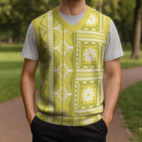 Fiji Masi All Yellow Christmas Knitted V-Neck Vest Tapa Pattern - Polynesian Pride