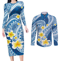 Plumeria Polynesian Blue Glitter Pattern Couples Matching Long Sleeve Bodycon Dress and Long Sleeve Button Shirt LT01 Blue - Polynesian Pride