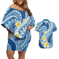 Plumeria Polynesian Blue Glitter Pattern Couples Matching Off Shoulder Short Dress and Hawaiian Shirt LT01 Blue - Polynesian Pride