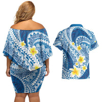 Plumeria Polynesian Blue Glitter Pattern Couples Matching Off Shoulder Short Dress and Hawaiian Shirt LT01 - Polynesian Pride