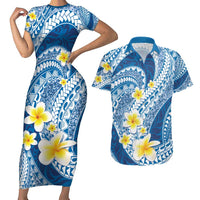 Plumeria Polynesian Blue Glitter Pattern Couples Matching Short Sleeve Bodycon Dress and Hawaiian Shirt LT01 Blue - Polynesian Pride