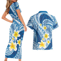 Plumeria Polynesian Blue Glitter Pattern Couples Matching Short Sleeve Bodycon Dress and Hawaiian Shirt LT01 - Polynesian Pride