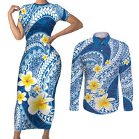 Plumeria Polynesian Blue Glitter Pattern Couples Matching Short Sleeve Bodycon Dress and Long Sleeve Button Shirt LT01 Blue - Polynesian Pride