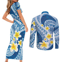Plumeria Polynesian Blue Glitter Pattern Couples Matching Short Sleeve Bodycon Dress and Long Sleeve Button Shirt LT01 - Polynesian Pride