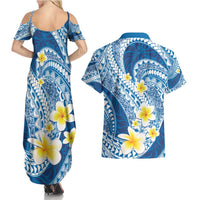 Plumeria Polynesian Blue Glitter Pattern Couples Matching Summer Maxi Dress and Hawaiian Shirt LT01 - Polynesian Pride