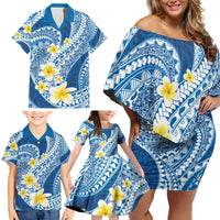 Plumeria Polynesian Blue Glitter Pattern Family Matching Off Shoulder Short Dress and Hawaiian Shirt LT01 - Polynesian Pride