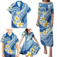 Plumeria Polynesian Blue Glitter Pattern Family Matching Puletasi and Hawaiian Shirt LT01 - Polynesian Pride