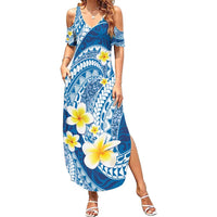 Plumeria Polynesian Blue Glitter Pattern Family Matching Summer Maxi Dress and Hawaiian Shirt LT01 Mom's Dress Blue - Polynesian Pride