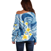 Plumeria Polynesian Blue Glitter Pattern Off Shoulder Sweater
