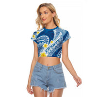 Plumeria Polynesian Blue Glitter Pattern Raglan Cropped T Shirt LT01 Female Blue - Polynesian Pride
