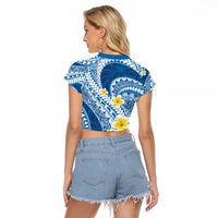 Plumeria Polynesian Blue Glitter Pattern Raglan Cropped T Shirt LT01 - Polynesian Pride