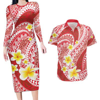 Plumeria Polynesian Coral Glitter Pattern Couples Matching Long Sleeve Bodycon Dress and Hawaiian Shirt LT01 Coral - Polynesian Pride