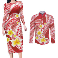 Plumeria Polynesian Coral Glitter Pattern Couples Matching Long Sleeve Bodycon Dress and Long Sleeve Button Shirt LT01 Coral - Polynesian Pride
