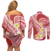 Plumeria Polynesian Coral Glitter Pattern Couples Matching Off Shoulder Short Dress and Long Sleeve Button Shirt LT01 - Polynesian Pride