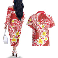 Plumeria Polynesian Coral Glitter Pattern Couples Matching Off The Shoulder Long Sleeve Dress and Hawaiian Shirt LT01 - Polynesian Pride