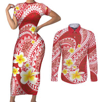Plumeria Polynesian Coral Glitter Pattern Couples Matching Short Sleeve Bodycon Dress and Long Sleeve Button Shirt LT01 Coral - Polynesian Pride