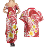 Plumeria Polynesian Coral Glitter Pattern Couples Matching Summer Maxi Dress and Hawaiian Shirt LT01 - Polynesian Pride