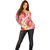 Plumeria Polynesian Coral Glitter Pattern Off Shoulder Sweater