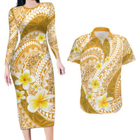 Plumeria Polynesian Gold Glitter Pattern Couples Matching Long Sleeve Bodycon Dress and Hawaiian Shirt LT01 Gold - Polynesian Pride
